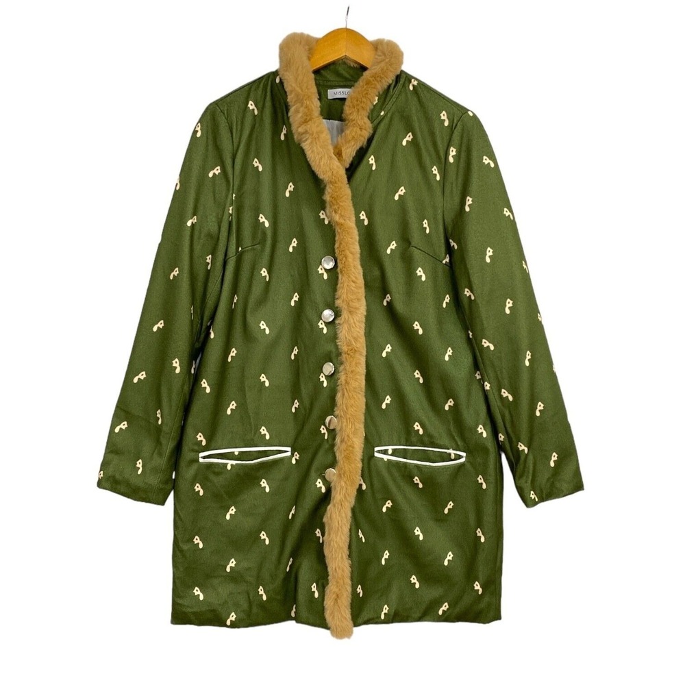 Misslook Coat Women's Large Green Faux Fur Trim Button Front Retro Jacket